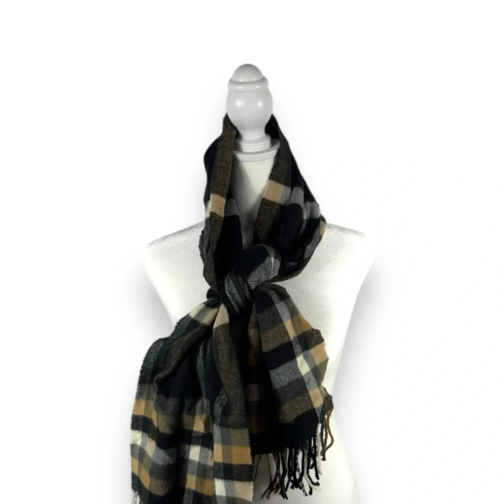 100% Cashmere Hand Tailored Made In Germany Neutral Plaid Unisex Scarf, 12x63 - Picture 2 of 11